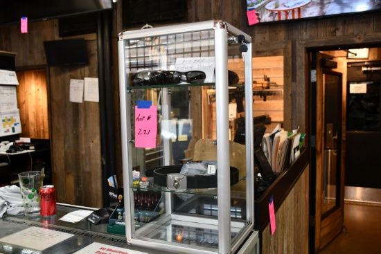 Tabletop Glass Display Case w/Glass Shelves and Mirrored Bottom; 14"Wx14"Dx27"T; CABINET ONLY