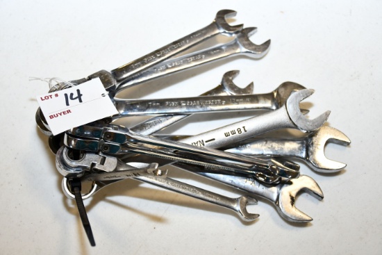 1 Lot of 10 Metric Flex Ratchet Head and Straight Open End Wrenches; 10 to 18mm and Smaller