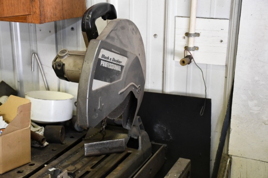 Homemade Steel Workbench w/Orscheln 1/2hp Dual Wheel Bench Grinder and Black & Decker 14" Chop Saw;