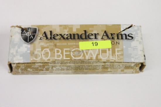 TWENTY (20) ROUNDS ALEXANDER ARMS 50 BEOWULF AMMO, 335 HP RAINIER