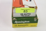 ONE HUNDRED (100) ROUNDS PMC & REMINGTON, .25 AUTO AMMO, 50 GRAIN