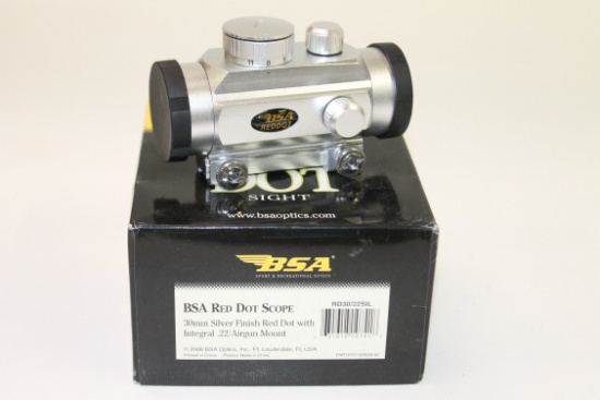 BSA MODEL RD30/22SIL, 30MM SILVER FINISH RED DOT SCOPE W/ INTEGRAL 22 & AIRGUN MOUNT, NEW