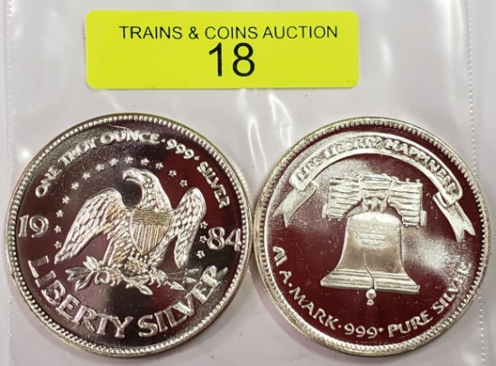 TWO (2) 1984 LIBERTY BELL .999 SILVER TROY OUNCE ROUNDS