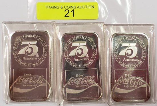 THREE (3) COCA COLA 75TH ANNIVERSARY .999 SILVER TROY OUNCE INGOTS