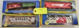 LOT OF FIVE (5) AHM HO SCALE CABOOSE, BOX CARS AND HOPPERS, IN ORIGINAL BOXES