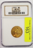 NGC GRADED MS63, 1913 $5 GOLD INDIAN COIN