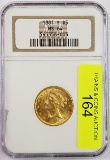 NGC GRADED MS64, 1881-S $5 GOLD LIBERTY QUARTER EAGLE COIN