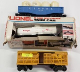 THREE (3) LIONEL O SCALE TANKERS, BOXCAR AND GONDOLA LOT