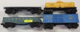 FOUR (4) LIONEL O SCALE TANKERS, BOXCARS,GONDOLAS & FLAT CARS
