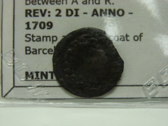 Ancient Spanish Coin Charles III AD 1711 Mint Barcelona