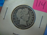 1901 Barber Silver Quarter - Better Date