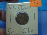 1967 Lincoln Penny with Clipped Planchet Error