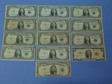 Lot of 13 US Notes - $1 & $5 Silver Certificates and $2 Bill