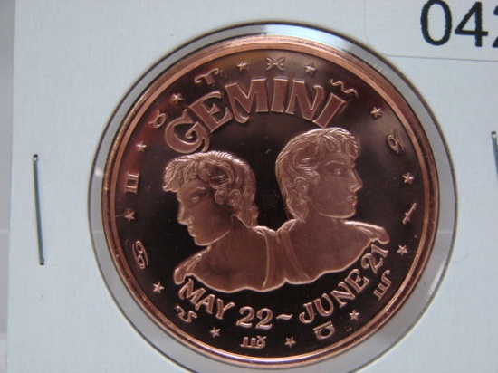 Gemini Zodiac 1 Oz Copper Art Round