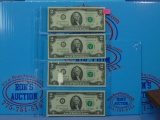 Four 1976 US $2 Notes - Consecutive Serial Numbers - Unc