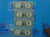 Four 1957-B US $1 Silver Certificates - Consecutive Serial Numbers - Unc