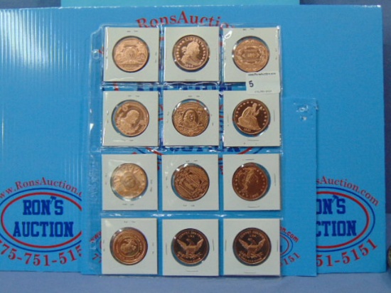 12 Copper One Ounce Rounds - All Different - Many Are Currency Styles