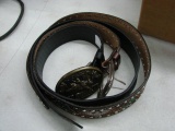 Two Western Leather Belts & One Vintage Hesston Rodeo Buckle