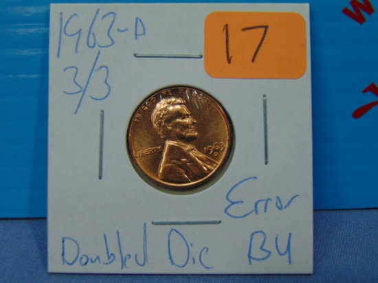 1963-D 3/3 Doubled Die Error Lincoln Penny - BU