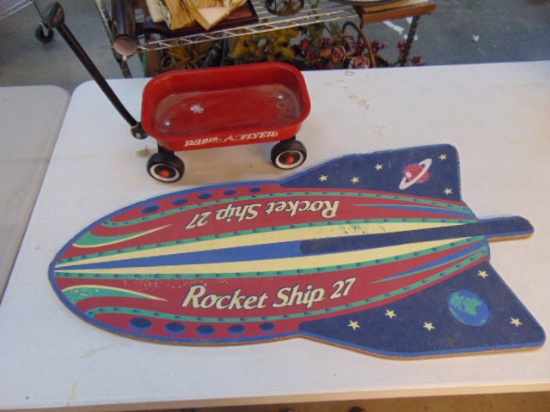 Retro Decor Lot - Miniature Radio Flyer Wagon And "Rocket Ship 27" Sign