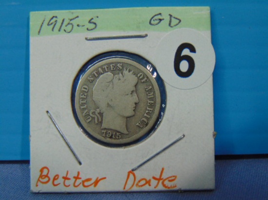 1915-S Barber Silver Dime - Better Date - Good