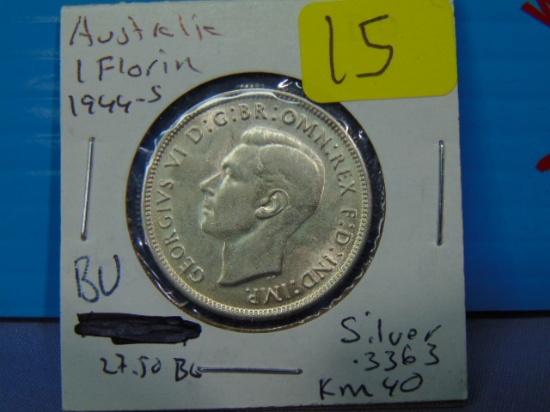 1944-S Australia One Florin Silver Coin - BU