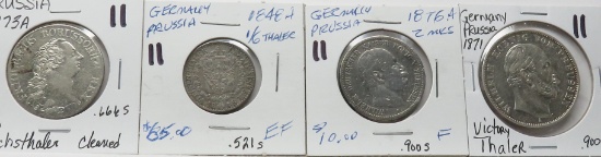 4 Prussian Silvers: 1/3 Thaler 1773A, 1/6 Thaler 1848A, 2 Marks 1876A, 1 Vicotory Thaler 1871