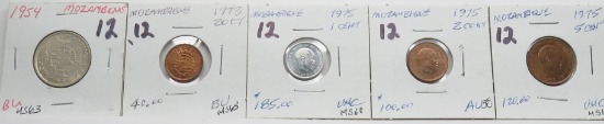 5 Mozambique Coins Unc/BU: 10 Escudos 1954, 20 Centavos 1973, 3-1975 (1, 2, 5 Centimos)
