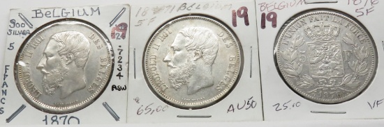 3 Silver 5 Franc Belgium: 1870, 1871, 1876