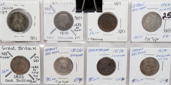 8 Great Britain .925 Silver 1 Shilling: 1787 scr, 1816, 17, 24, 25, 26, 74, 79