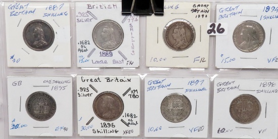 8 Great Britain Victoria .925 Silver 1 Shilling: 1887, 89, 90, 94, 95, 97, 98