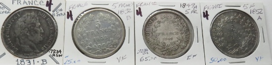4 Silver French 5 Francs: 1831B, 1832B, 1849A, 1852A