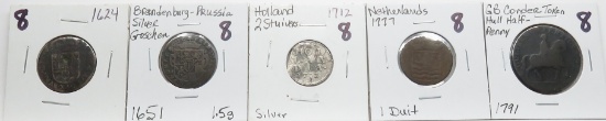 5 World Coins: 1624 Copper; 1651 Brandenburg-Prussia Silver Groschen; 1712 Holland Silver 2 Stuivers