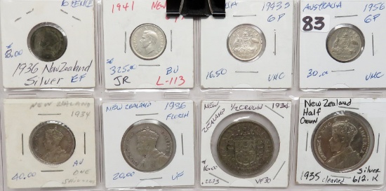 8 New Zealand Silver Coins: 4-6 Pence (1936, 41, 43S, 56), 1 Shilling 1934, 1 Florin 1936, 2 Half Cr