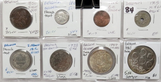 8 Belgium Coins, 6 Silver: 5 Cent 1850, 50 Cent 1866, 2 Cent 1902, 10 Cent 1903, 2 Fr 1912, 5 Fr 193