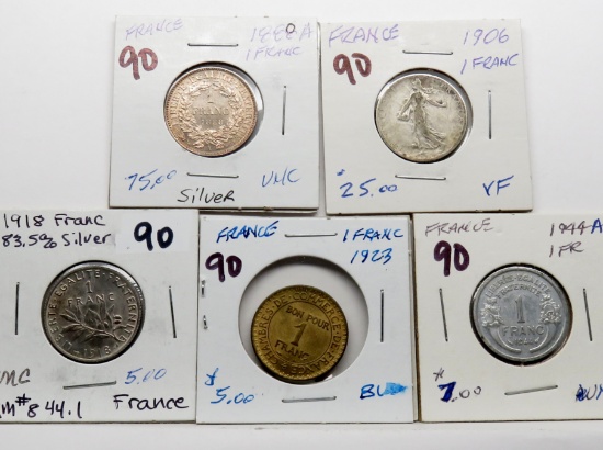 5 French 1 Franc: 1888A Unc, 1906, 1918 Unc, 1923, 1944A