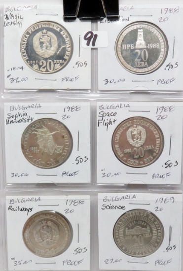 6 Bulgaria .50 Silver Commemorative PF all different, 1987, 4-1988, 1989
