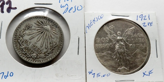 2-1921 Mexico Silver: 1 Peso, 2 Peso