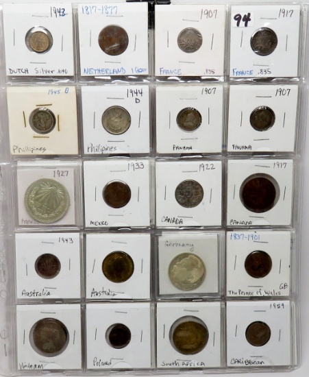 40 World Coins, assorted countries, denominations, some silver