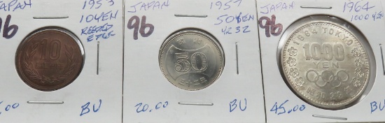 3 Japanese Coins: 2-10 Yen (1952, 53); 50 Yen 1957, 1000 Yen 1964