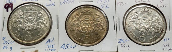 3 Latvia Silver 5 Lati, full series: 1929, 1931, 1932