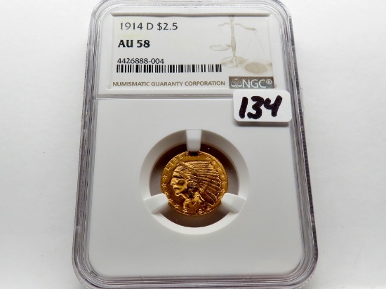 1914D Indian Head $2 1/2 Gold NGC AU58 (Nice luster)