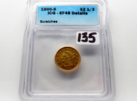 1866S Gold $2.50 Quarter Eagle ICG EF45 details scratches, Mintage 38,960