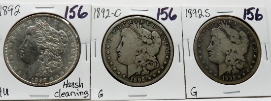 3 Morgan $ better dates: 1892 AU harsh cleaning, 92-O G, 92S G