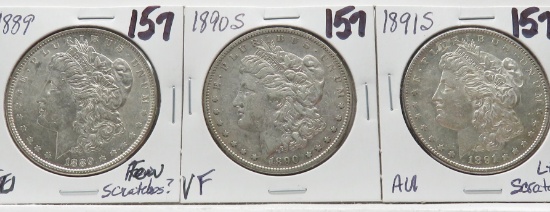 3 Morgan $: 1889 AU few scr?, 90S VF, 91S AU lt scr