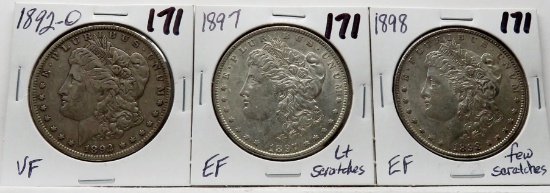 3 Morgan $: 1892-O VF, 1897 EF lt scr, 1898 EF few scr