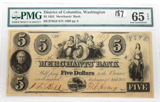 $5 Obsolete Note 1852 Merchants' Bank, Washington DC PMG Gem 65 EPQ