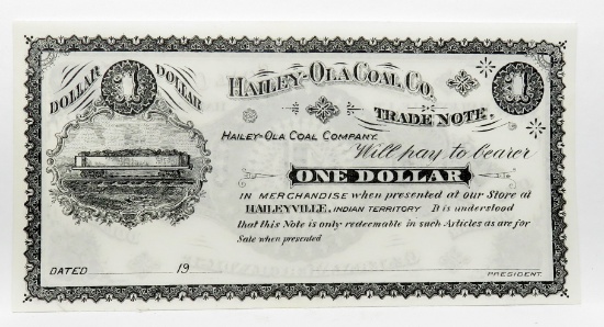 $1 Haileyville Indian Territory Hailey-OK Coal Co. Remainder Note 19__ Unc