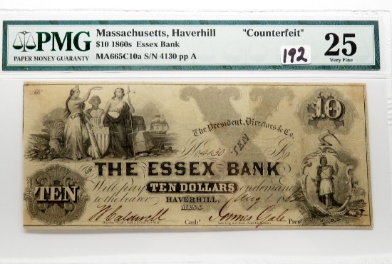 $10 Obsolete Rare Essex Bank Haverhill MA 1860s, SN 4130, PMG "Counterfeit" VF25 previously mounted