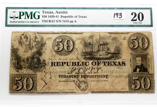 $50 Note 1839-41 Republic of Texas, TXCRA7 SN 7419, PMG VF20 Genuine Note, forged with counterfeit a